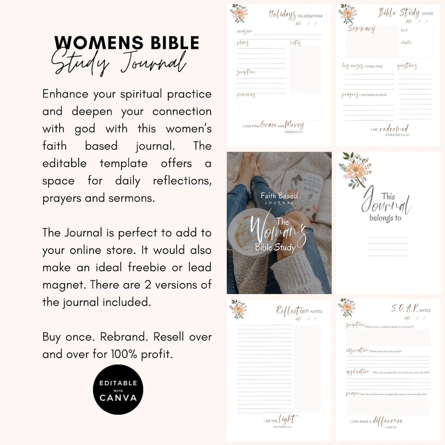 🌸 Editable Women's Faith-Based Journal | Devotional Journal & Bible Study Guide |  WITH RESELL RIGHTS