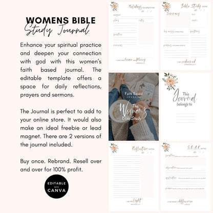 🌸 Editable Women's Faith-Based Journal | Devotional Journal & Bible Study Guide |  WITH RESELL RIGHTS